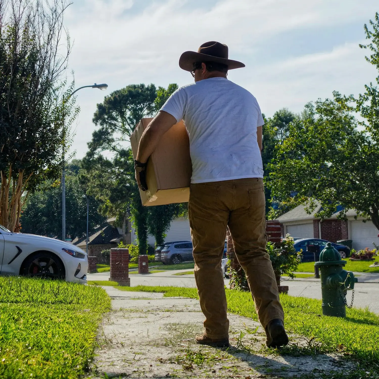 A man carrying a heavy cardboard box along a sidewalk