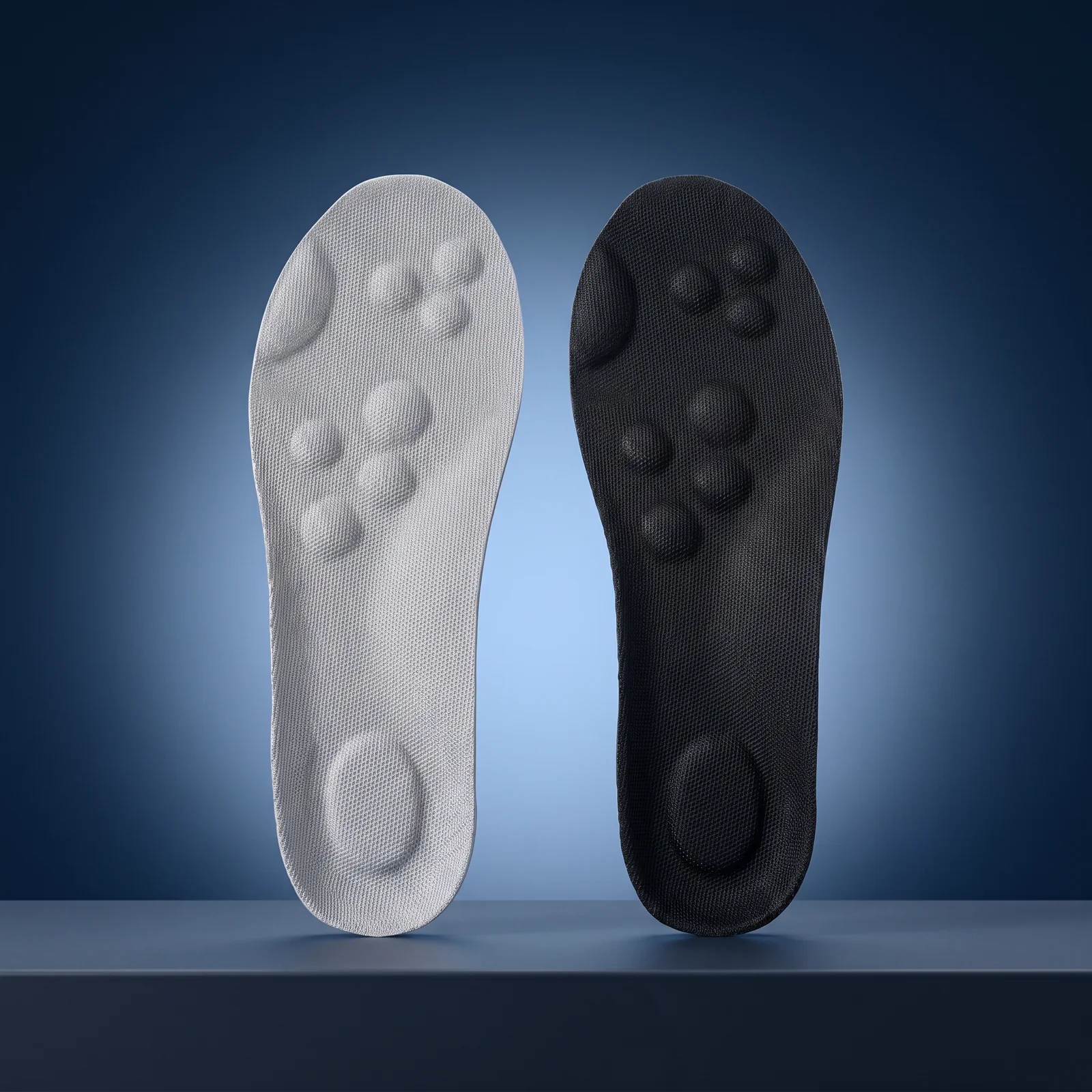 The insoles in two colours, Light Gray and Black, side by side