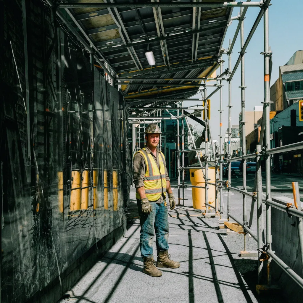 A construction worker in a hi-vis vest and hard hat on a scaffolded city job site
