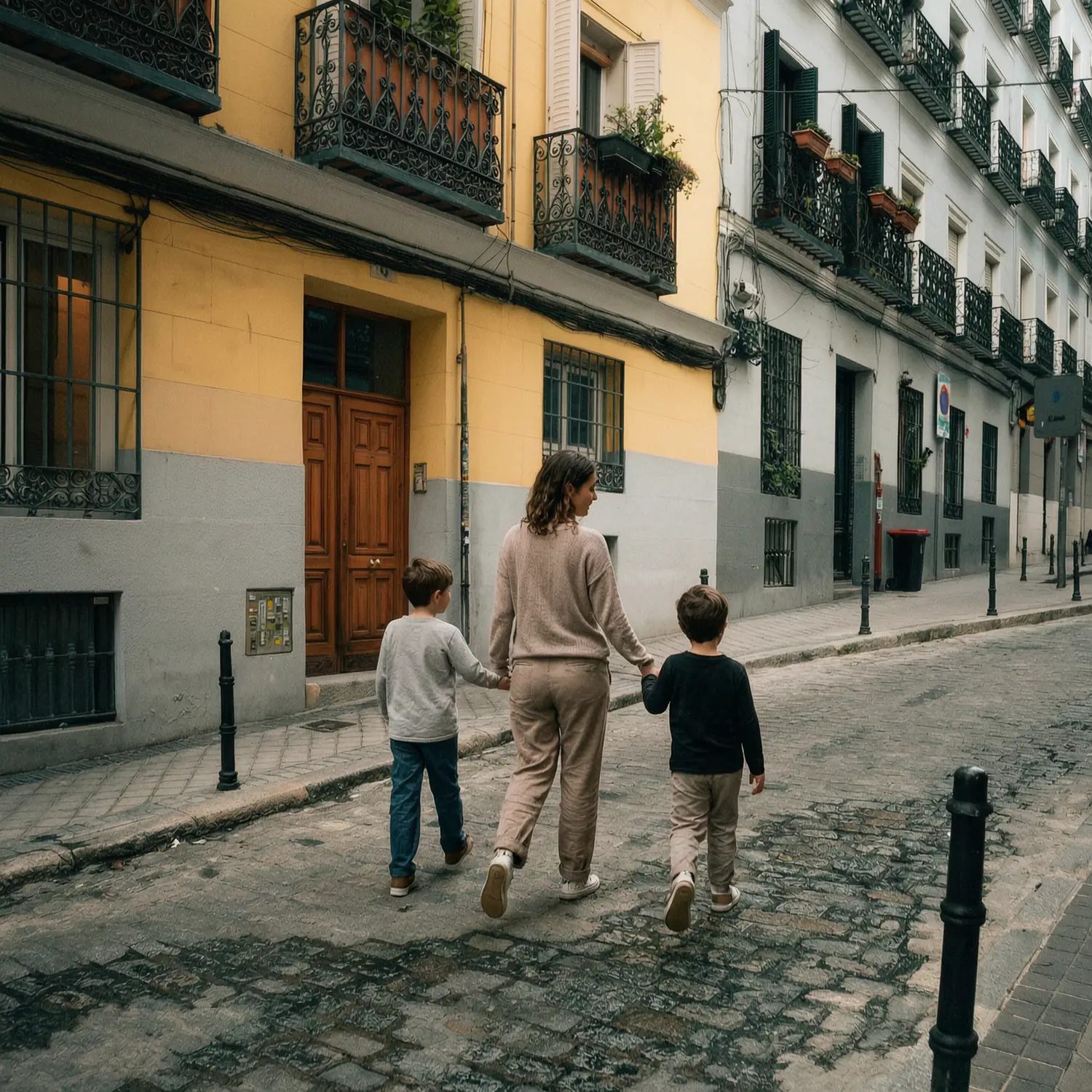 A parent walking with two children along a cobblestone street