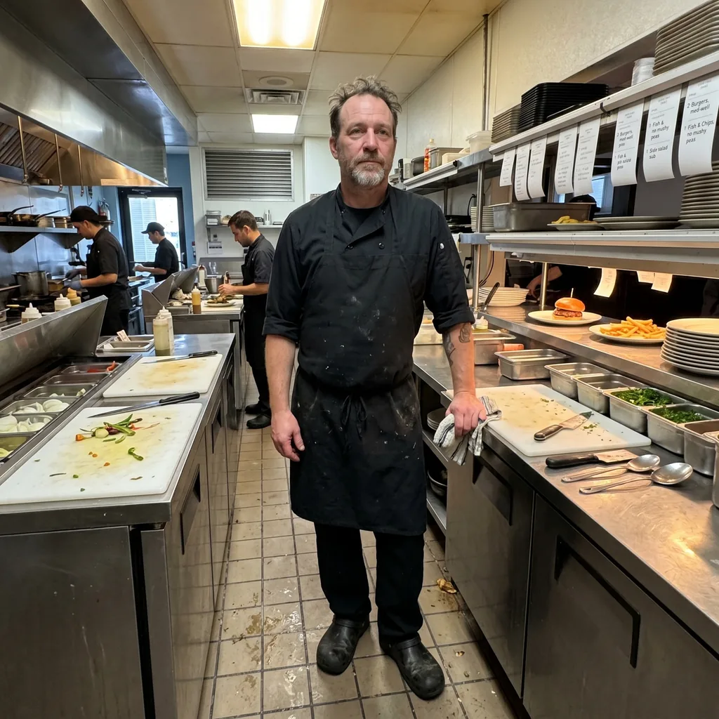 A line cook in an apron standing on a commercial kitchen line