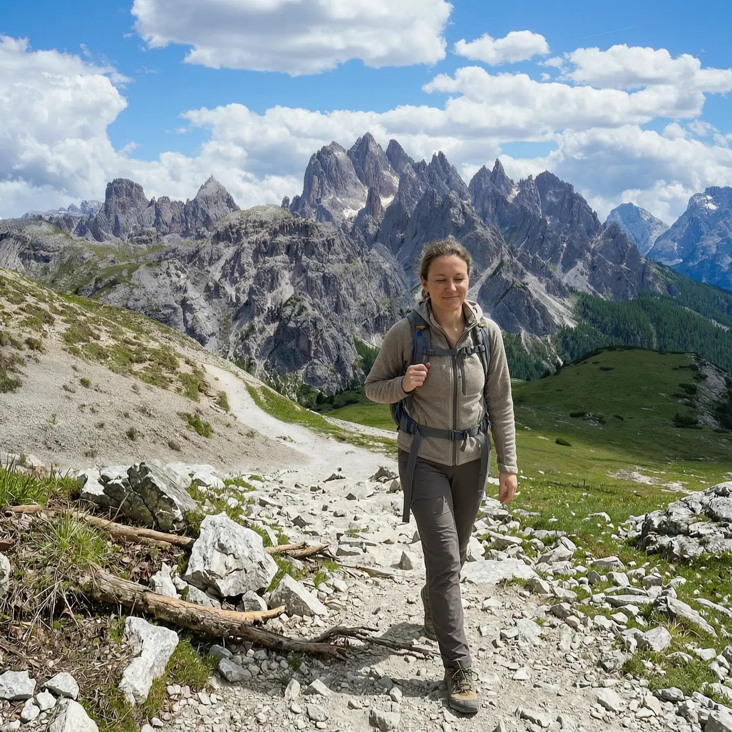 A woman hiking a rocky mountain trail with a backpack