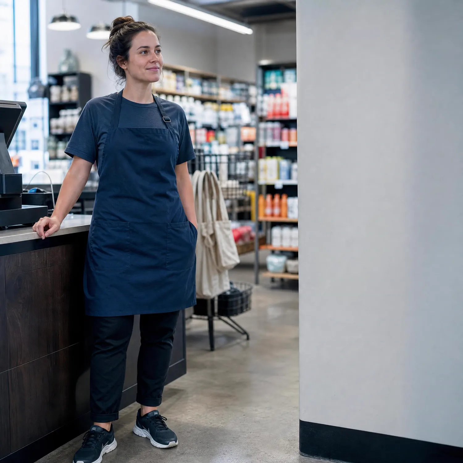 A retail worker behind a shop counter
